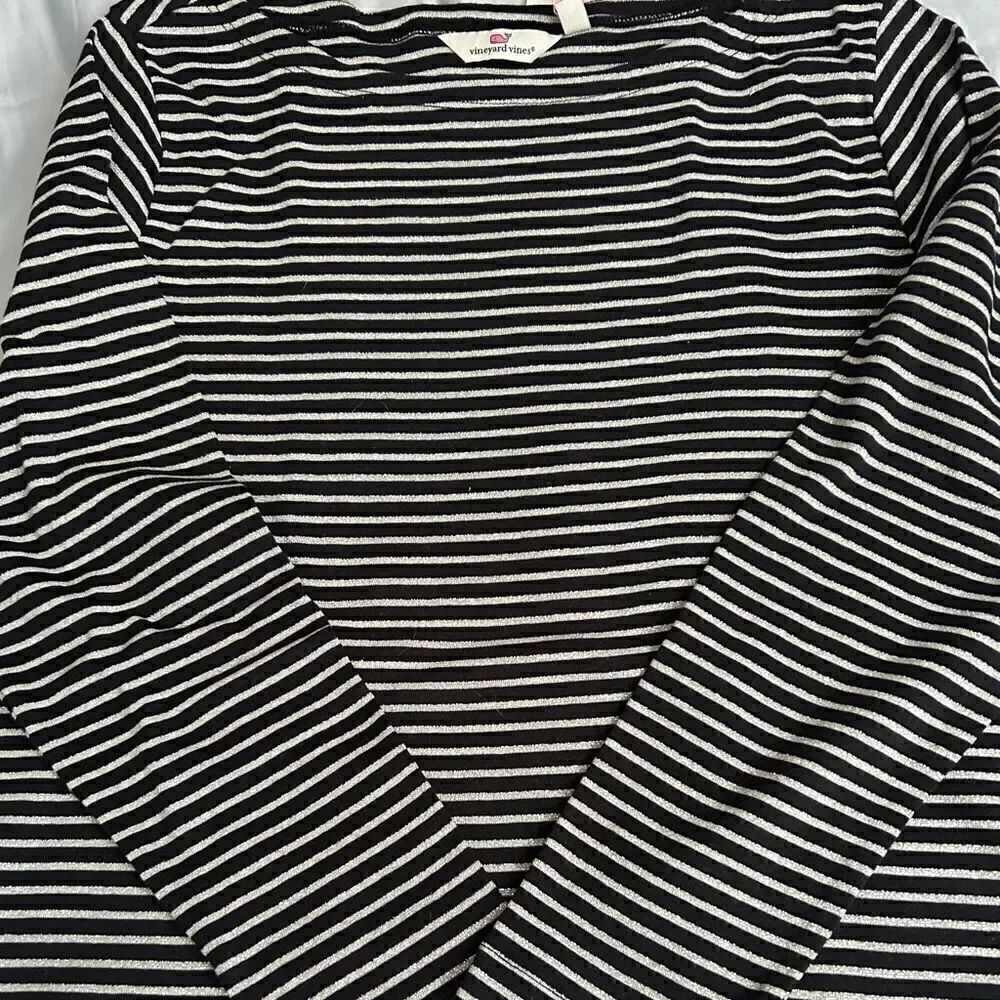 Vineyard Vines Lurex Jet Black And Silver Striped Simple Boatneck Shirt